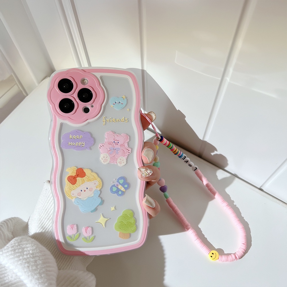 Case Pelindung Transparan Motif Kartun Perempuan Bunga Dengan Rantai Hati Pink Untuk Iphone 11 8 7 Plus SE2 XS XR 12 13 Mini PRO MAX