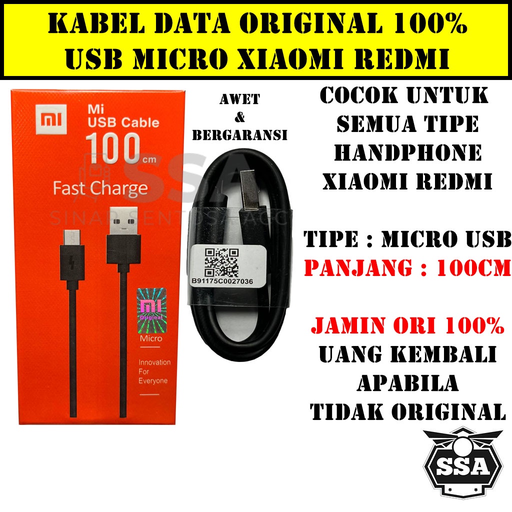 Kabel Data Original 100% Micro USB Xiaomi Redmi 2A Mi Cable Ori Charger Charging 100cm 1m V8 Bergaransi Awet ORI Fast Charge Cas