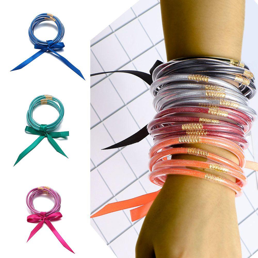 R-flower Glitter Bangles Set Pesta Festival Baru Perhiasan Emas Perak Biru Gelang Silikon
