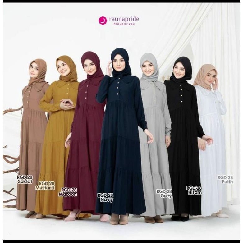 Gamis Rayon Rauna RGD 28 Hitam Putih Coklat Maroon Navy Grey Mustard