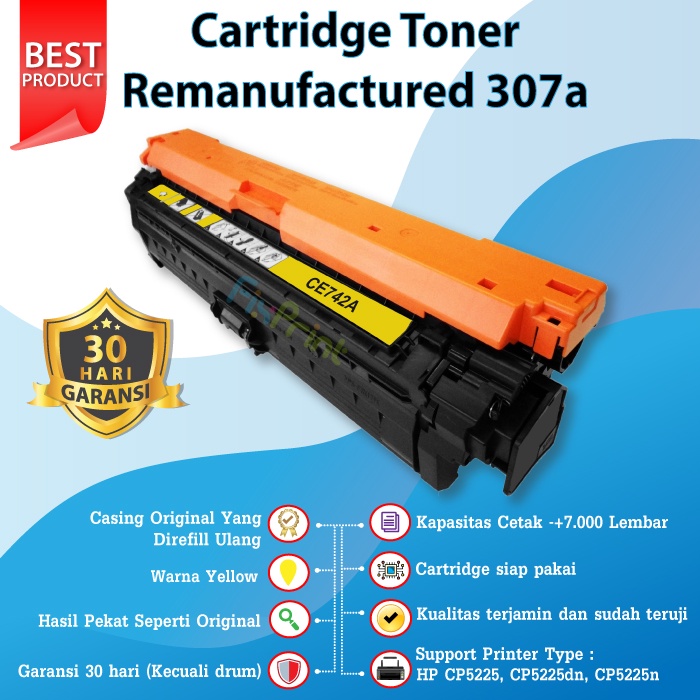 Cartridge Toner Compatible HP CE742A 307A Yellow, Printer HP Colour LaserJet CP5225 CP5225dn CP5225n