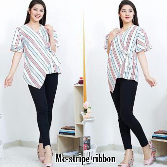[ MOCIIESHOP ] STRIPE RIBBON / MC / BAJU ATASAN / BLOUSE WANITA / BLOUSE KOREA / ATASAN WANITA / BLO