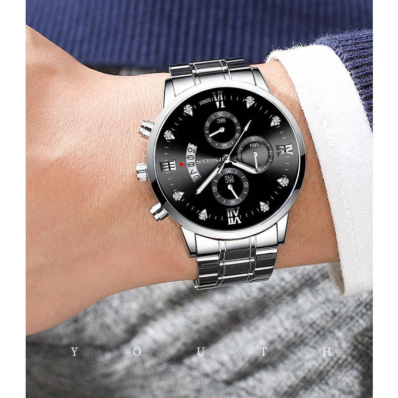 (COD)Jam tangan pria anti air Original fashion Watch Date Luxury Stainless Steel Kalender with box free battery jaam tangan pria arloji pria ready stock