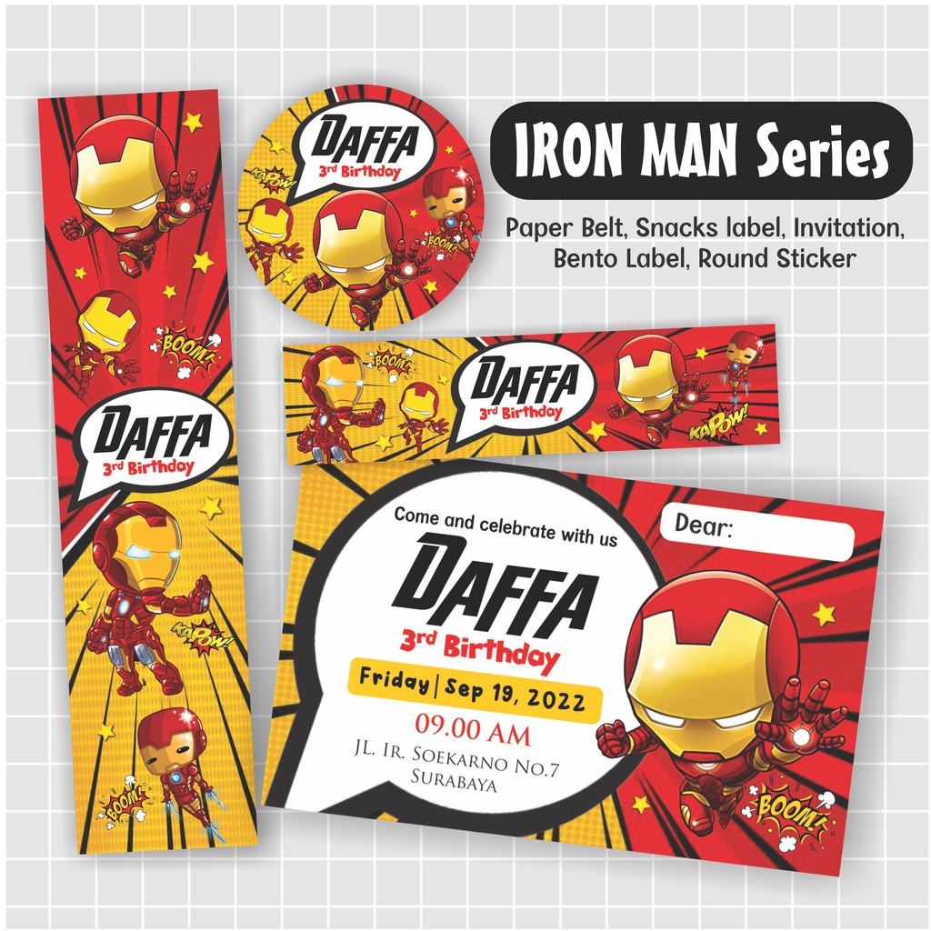 

Iron Man undangan ulang tahun, paper belt, Sticker bento, label snacks