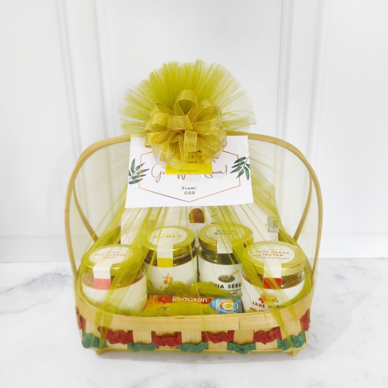 

Eid / Ramadan / Lebaran Bamboo Basket Healthy Hampers - Keranjang Bambu Premium - Madu, Vitamin C, - Parsel Anti COVID