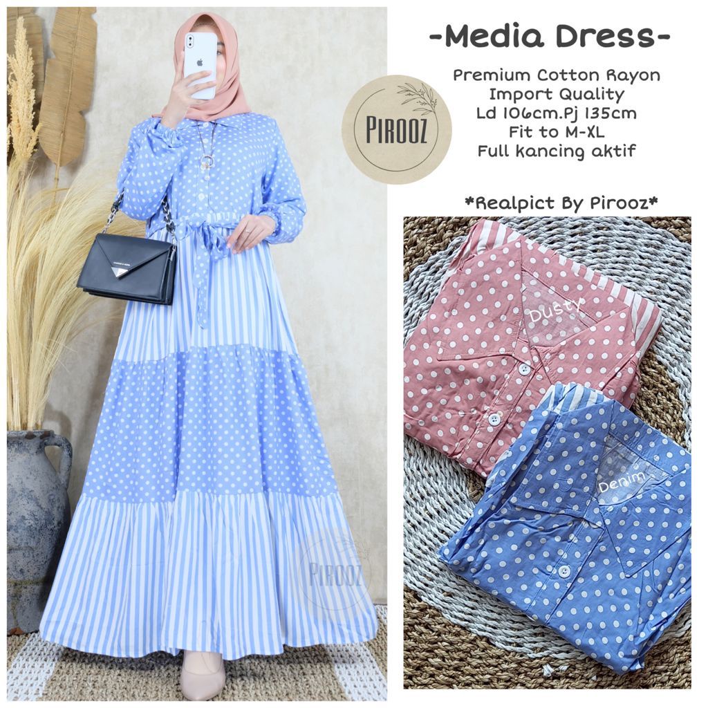GAMIS MOTIF POLKADOT DAN SALUR GAMIS KATUN PREMIUM - MEDIA DRESS BY PIROOZ