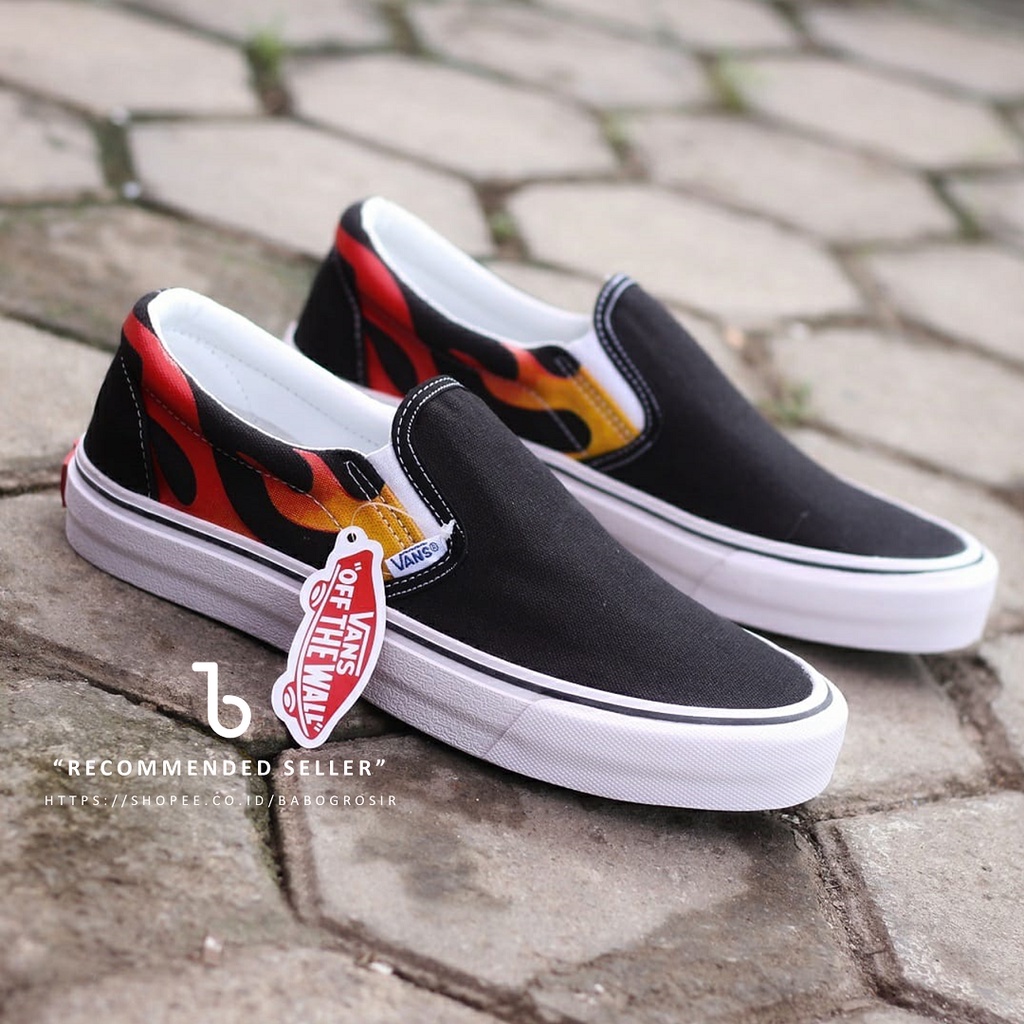 PROMO Sepatu Vans Slip On Flame White Premium Import Quality. Kualitas Mewah 100% Real Pict Foto dan Video