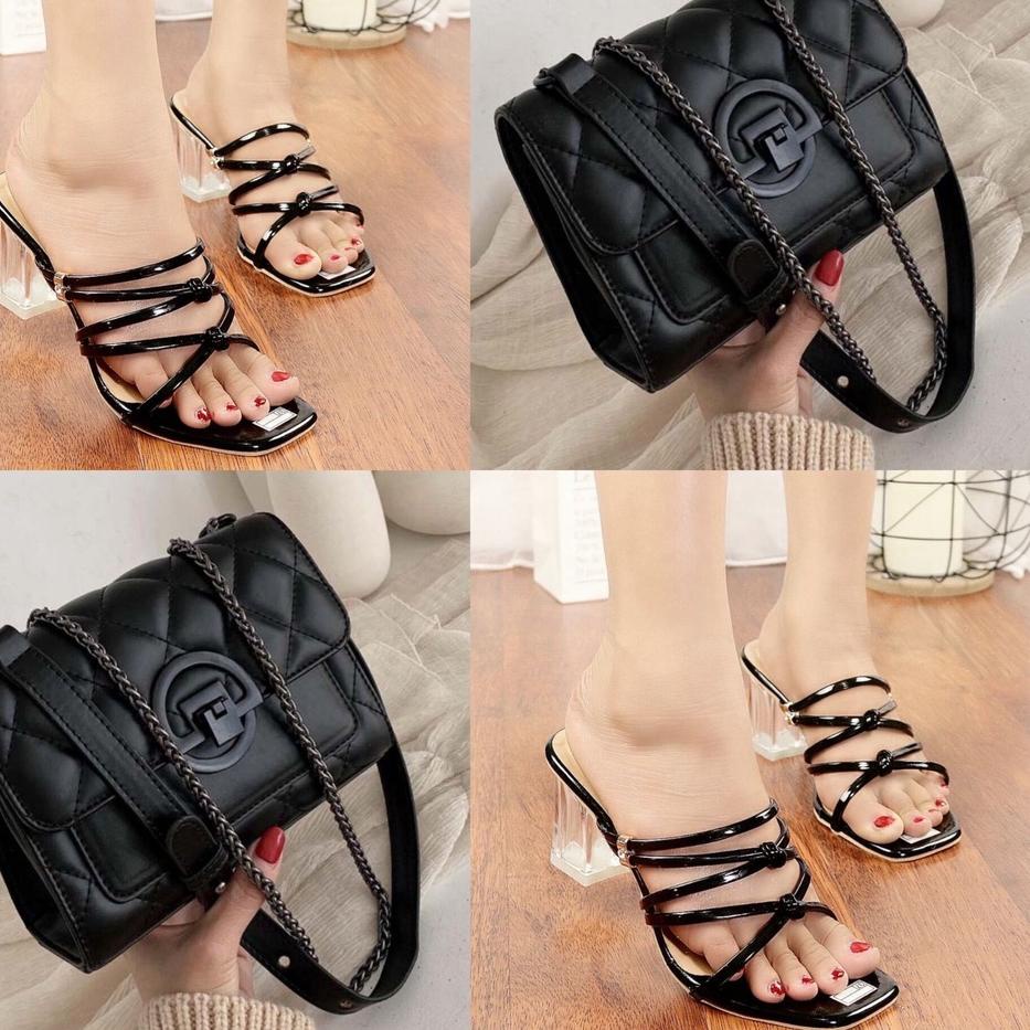 (TERLARIS) Set Tas Dan Sandal Hak Kaca Terbaru / tas selempang wanita terbaru sandal wanita terbaru
