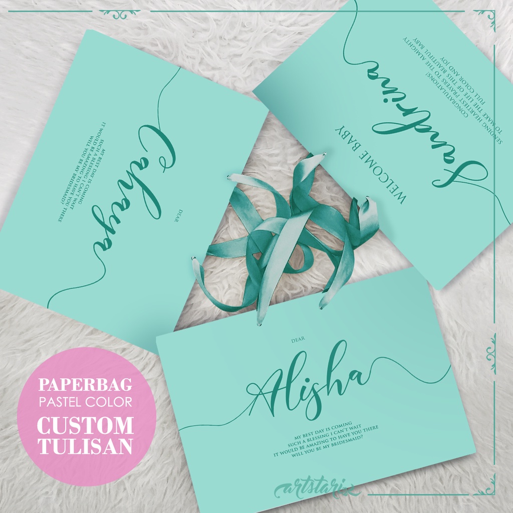 

Paperbag Polos Simple Tosca Hijau Aqua muda pastel baby Turqoise Custom Tulisan Bebas SATUAN Bridesmaid / Logo / Graduation / Baby Born / Happy Birthday / Haul / 40 Harian / Pengajian