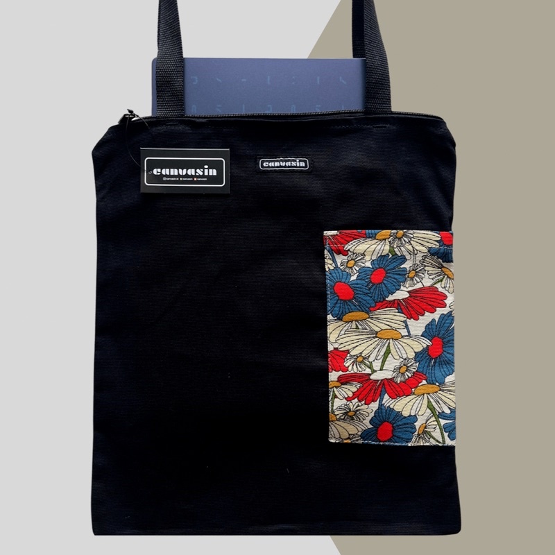 Tote bag black &amp; RedBlue Flower