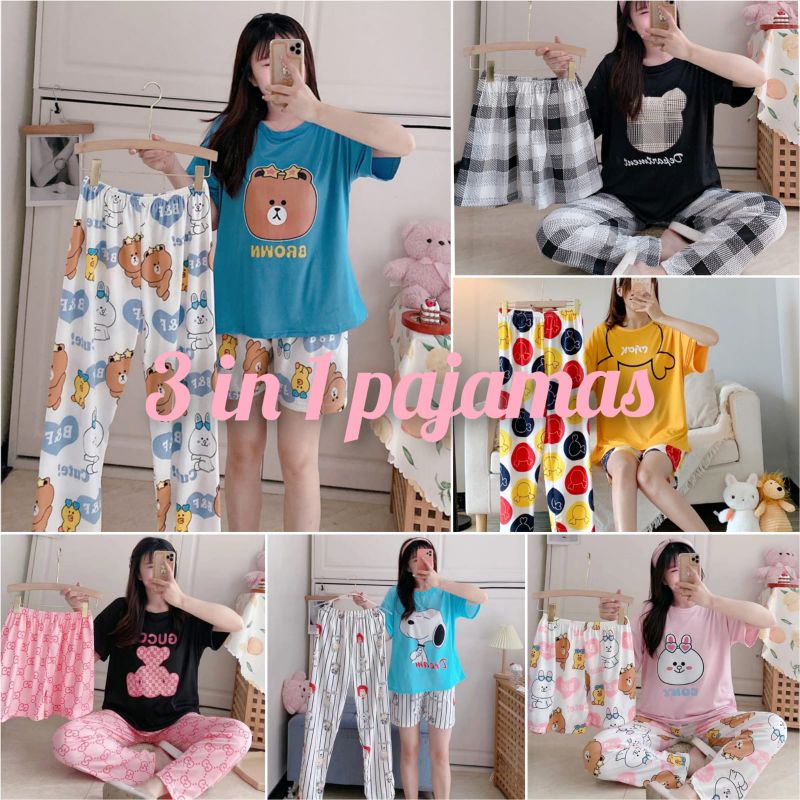 Baaju.id Baju Tidur 3in1 Piyama Import Wanita Baju Rumah 1 Set Lengan Pendek Celana Pendek &amp; Panjang