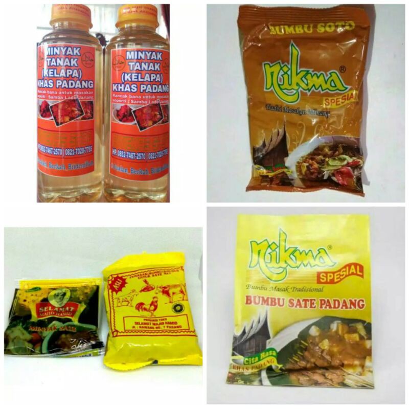 

PAKET EKONOMIS MINYAK TANAK KELAPA, MINYAK SATE, BUMBU SATE, BUMBU SOTO PADANG