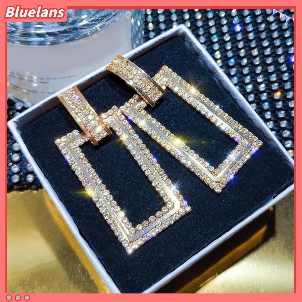 Bluelans Women Rhinestone Inlaid Hollow Rectangle Dangle Ear Stud Earrings Jewelry Gift