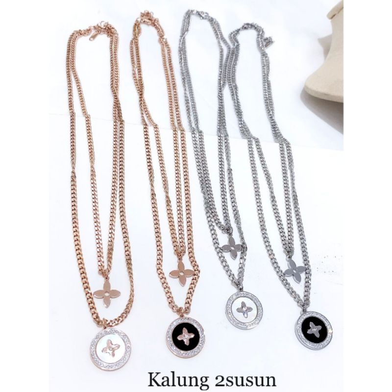 Kalung Titanium asli Motif elv Susun 2 layer Rantai tebal Stainless steel Premium Quality anti karat anti alergi K01