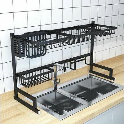 Rak Piring Dapur Stainless Steel Hitam Peralatan Wastafel kuat Drain Rack Baja Anti Karat 2 Susun