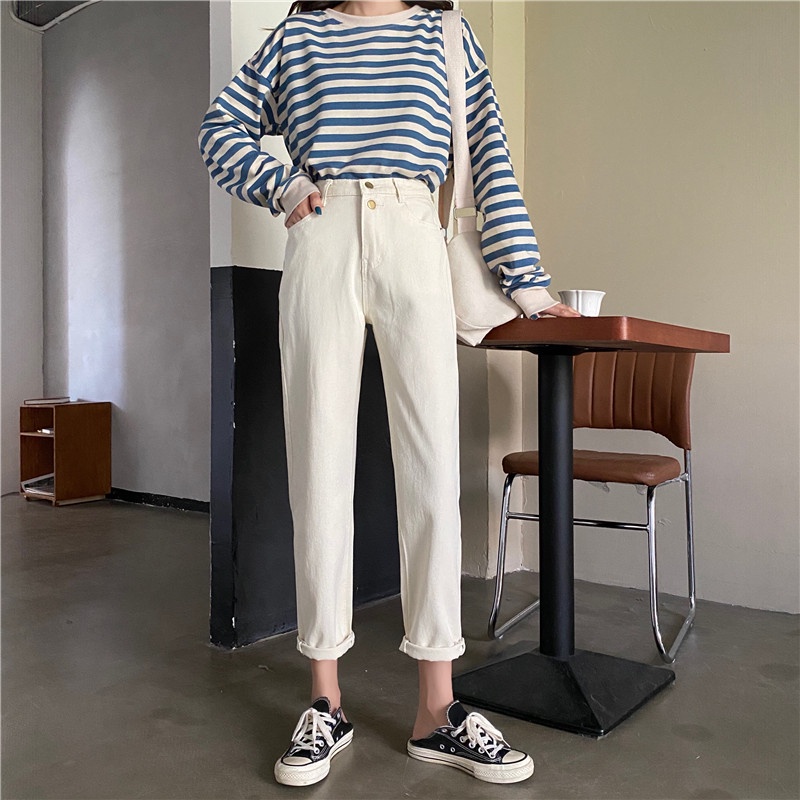 New krem korean style celana jeans high waist wanita boyfriend