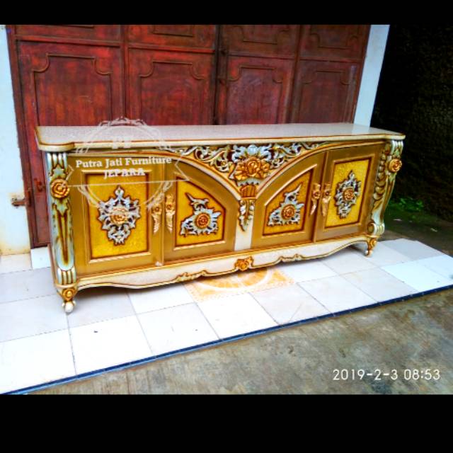 Meja Tv/ Buvet Ukir Kayu Jati Warna Marmer Kombinasi Emas - Lemari Hias Panjang