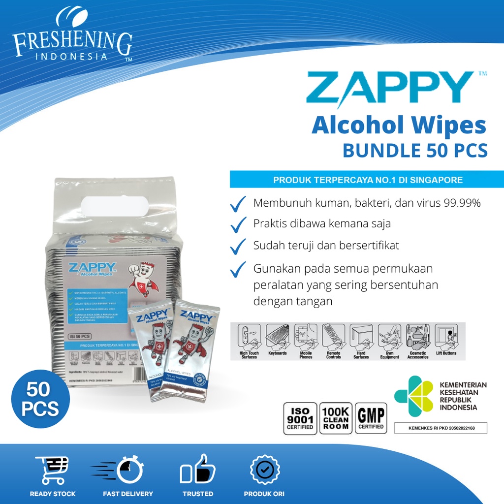 Tisu Basah Alcohol - Zappy Alcohol 70% Wipes Bundle 50 pcs