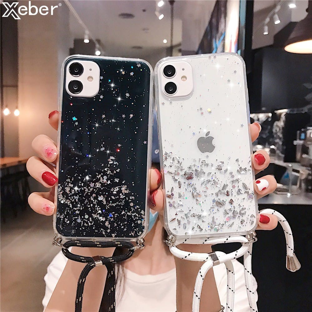 GL Softcase Transparan Aksen Glitter Dengan Tali Lanyard iphone 6 7/8 x/xs 11 11pro 11 pro max dll