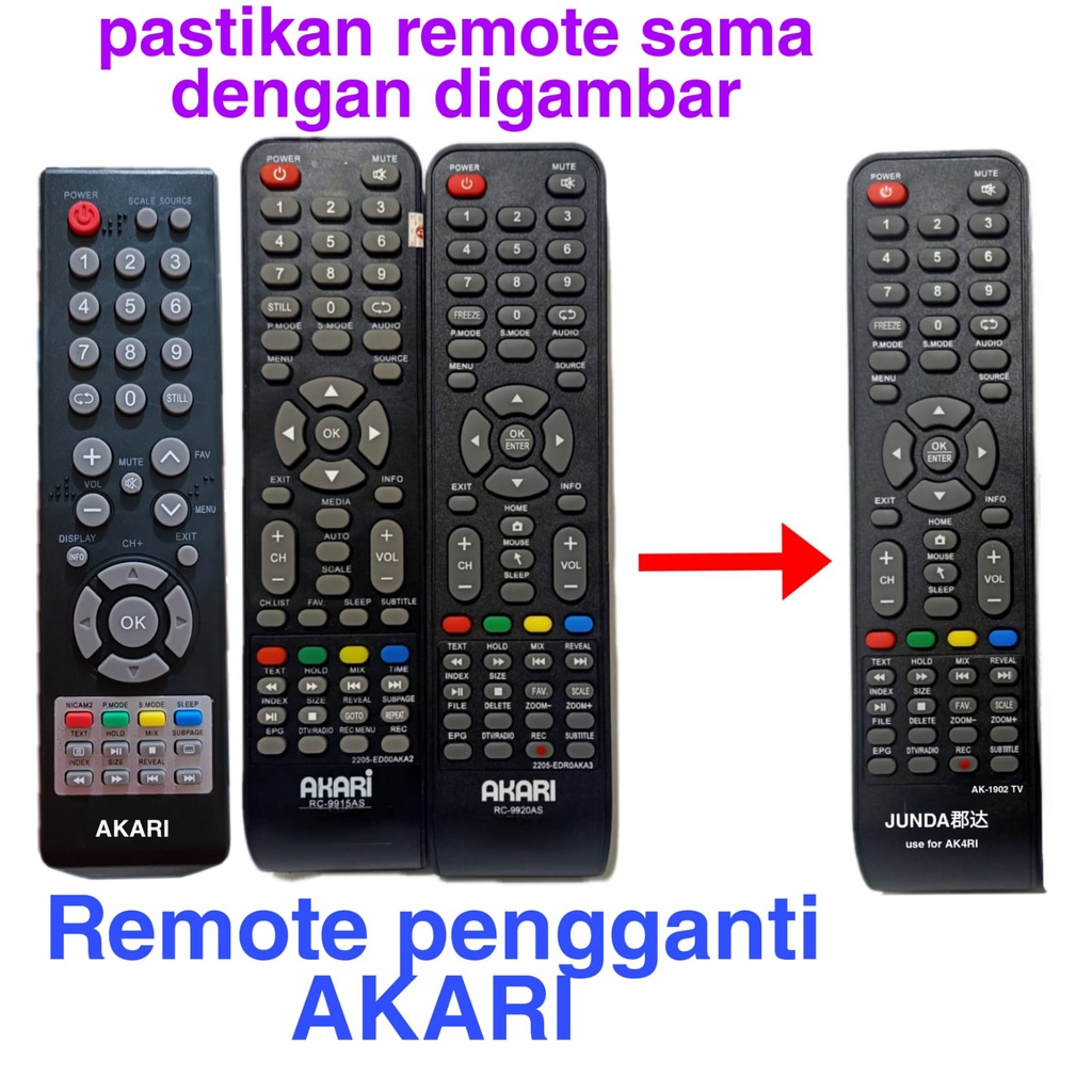 REMOTE TV AKARI TABUNG LCD LED JUNDA AK-1902 SEPERTI ORIGINAL