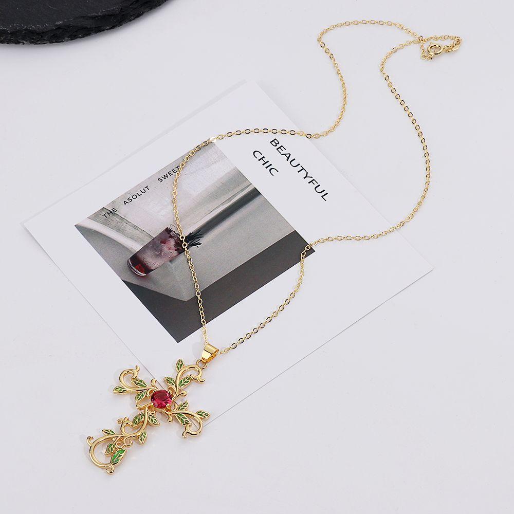 R-flower Kalung Anting Fashion Emas Perak Bunga Daun Liontin Salib