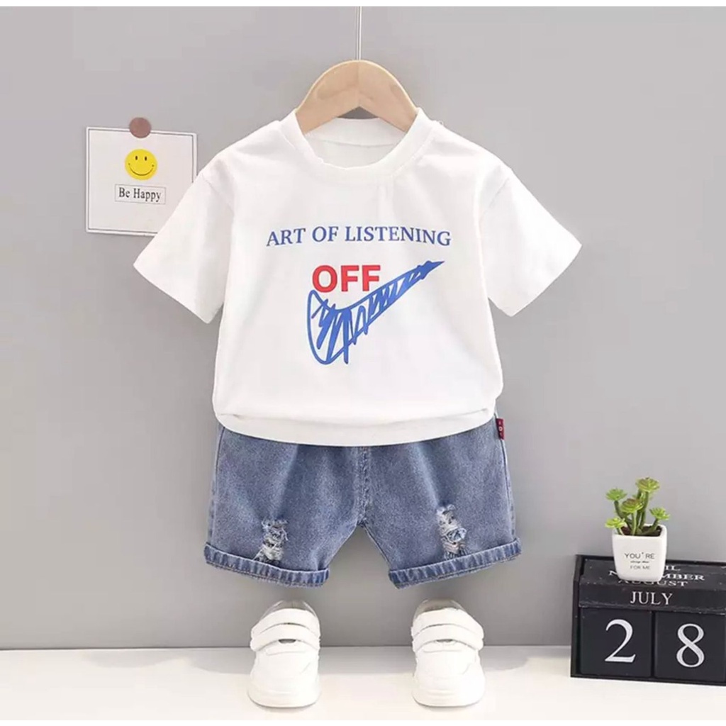 PROMO SETELAN BAJU ANAK TERBARU MOTIF LISTENING CELANA DENIM PENDEK 1-5 TAHUN SETELAN BAJU ANAK LAKI LAKI DAN PEREMPUAN TERBARUU