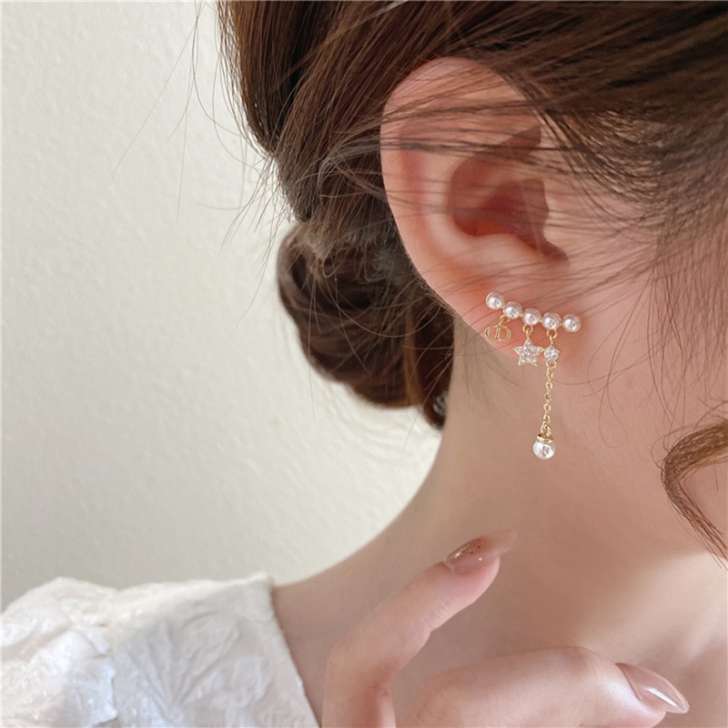 Anting Tusuk Gantung Desain Geometri + Bintang + Tulisan Hias Mutiara + Berlian Imitasi Gaya Korea Untuk Wanita