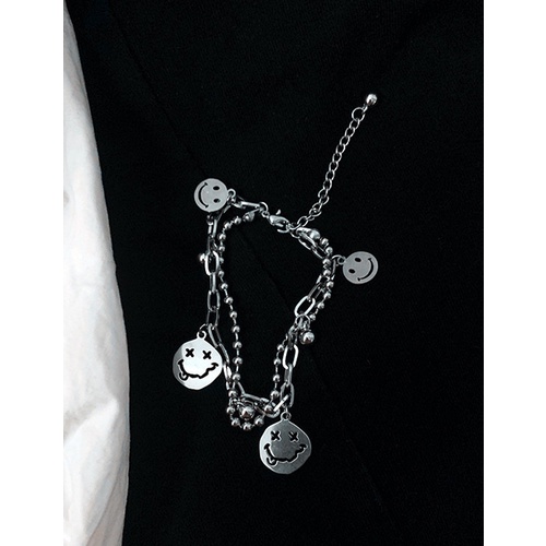 LRC Gelang Tangan Fashion Silver Color Double-layer Chain Smiley Face Bracelet V42737