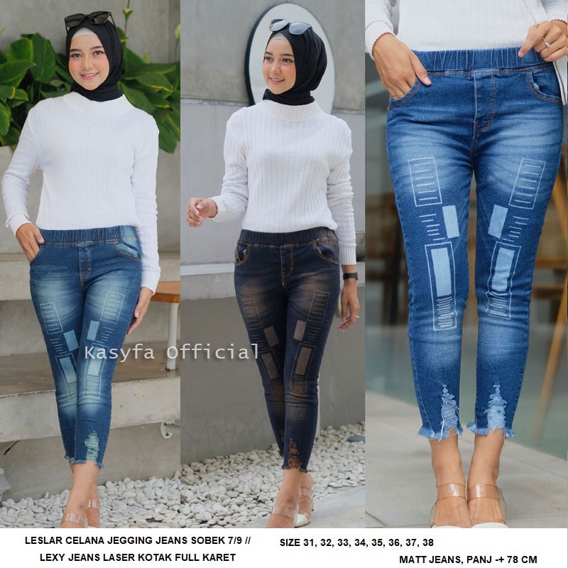 LESLAR CELANA JEGGING JEANS SOBEK 7/9 // LEXY JEANS LASER KOTAK FULL KARET #2