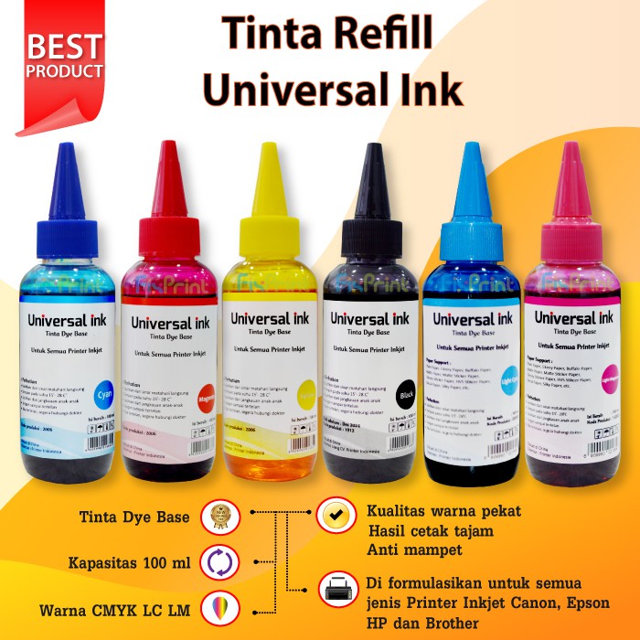 Tinta Universal Ink 100ml Dye Base Tutup Model Kerucut 6 Warna CMYK LC LM