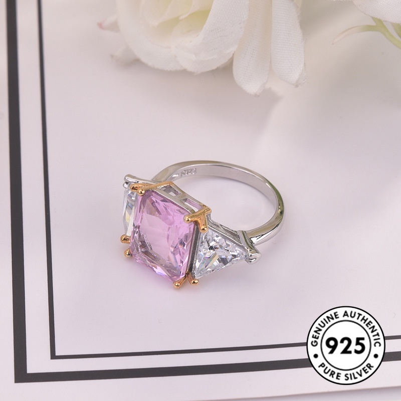 Cincin S925 Silver Bentuk Kotak Aksen Berlian Warna Pink