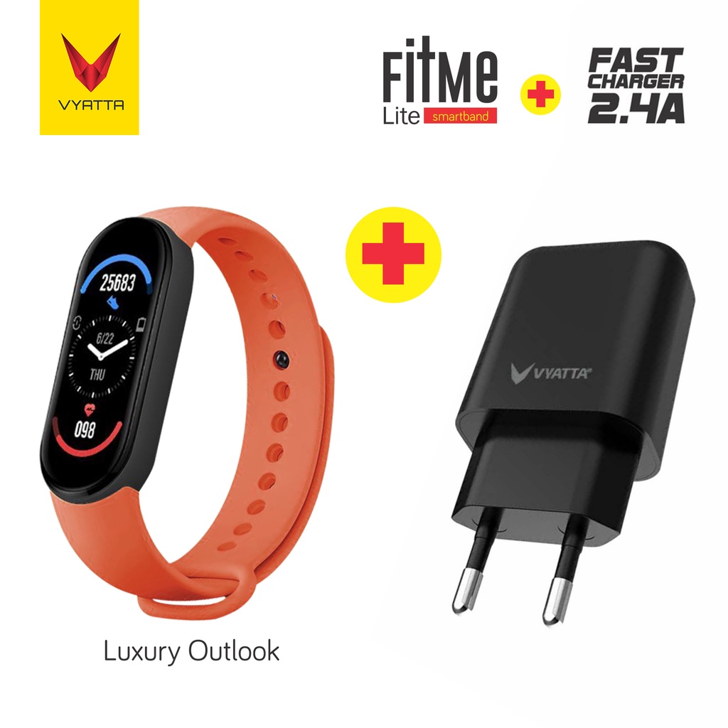 VYATTA FitMe Lite New Smartband - 200+Watchface, Sport Mode, IP67,SPO2-Red Orange + 2.4A BK