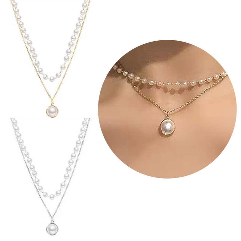 Kalung Choker Rantai Liontin Mutiara Lapisan Ganda Untuk Wanita