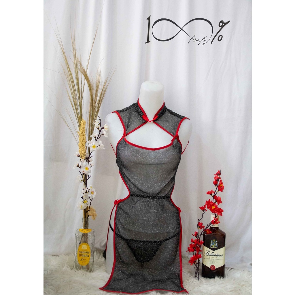 Women Sexy Lingerie Chinese Satin Bellyband Halterneck Dudou Thong  Nightwear Set 