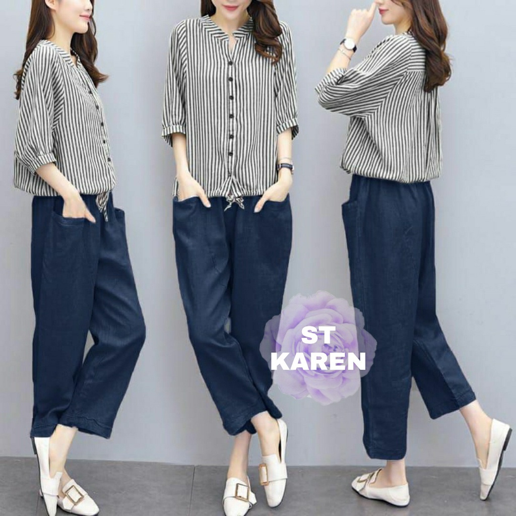 Baju Stelan Wanita Terbaru One Set Remaja Cewek Korea Harian Casual Kekinian Fashion Selebgram Karen