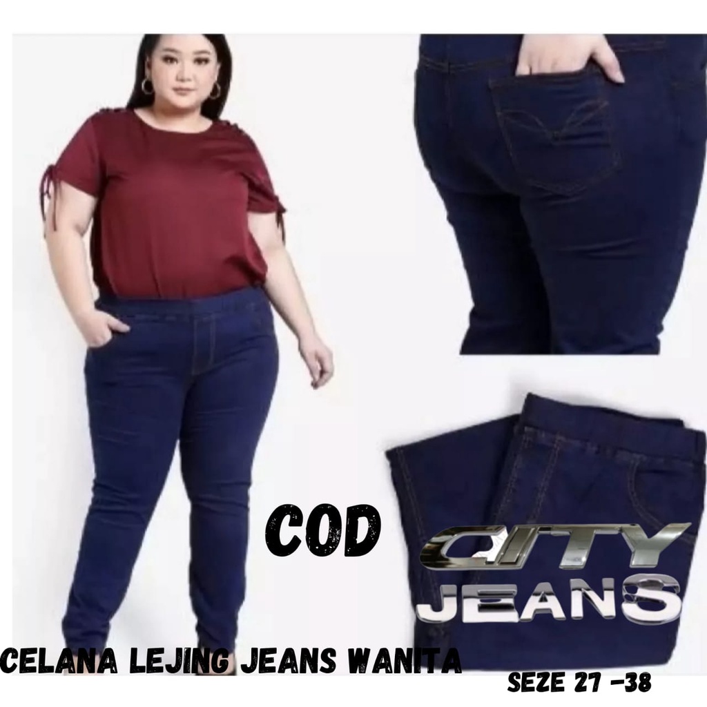 Celana Jeans Wanita Jumbo Murah Pinggang Karet Legging Panjang Cewek Big Size Hitam Jins Terbaru