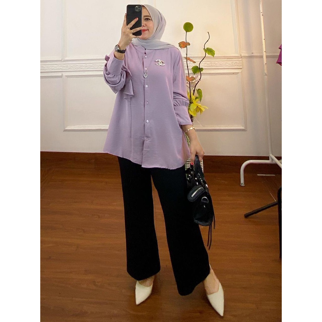 Kemeja Wanita Bahan Katun Crinkle Terbaru Kekinian Rampel Satu Lengan-6