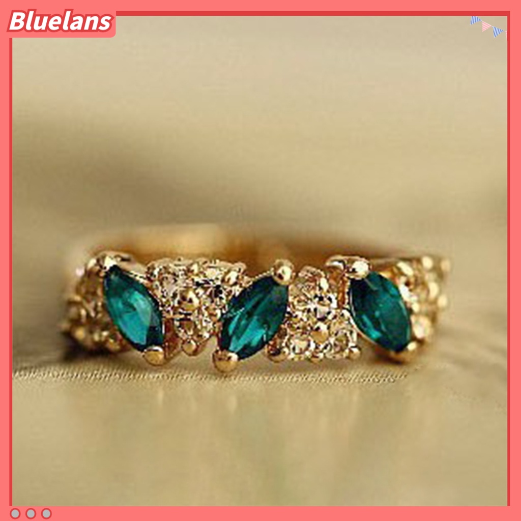 Bluelans Cincin Bahan Alloy Hias Permata Imitasi Warna Hijau Untuk Wanita