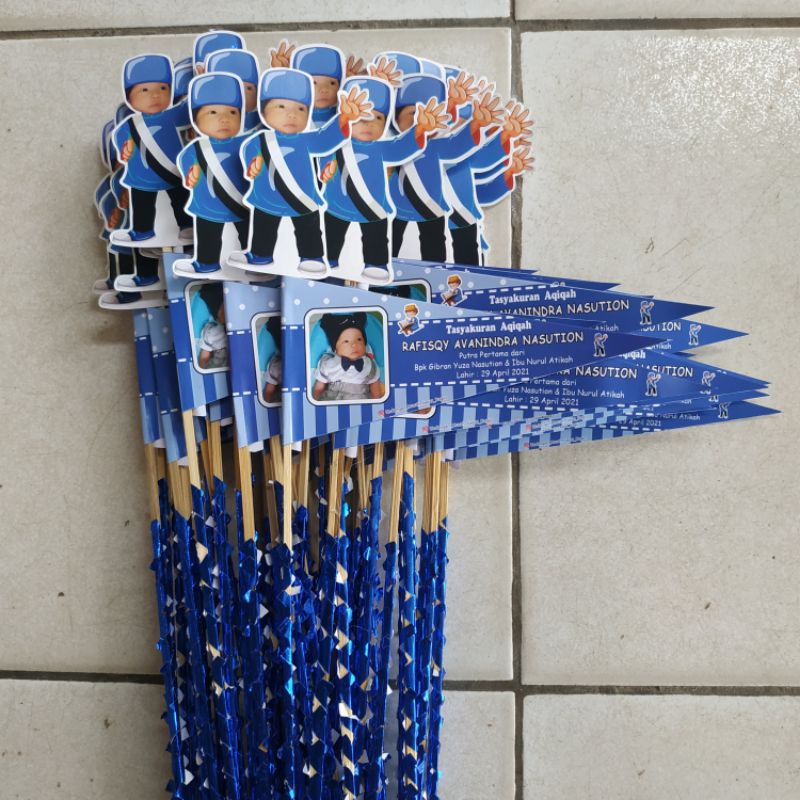 Bendera aqiqah karakter pakai topper motif anak laki-laki