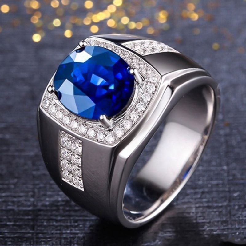 Cincin Silver Desain Batu AAA Biru Hias Kristal Zirconia AAA untuk Pria / Pernikahan