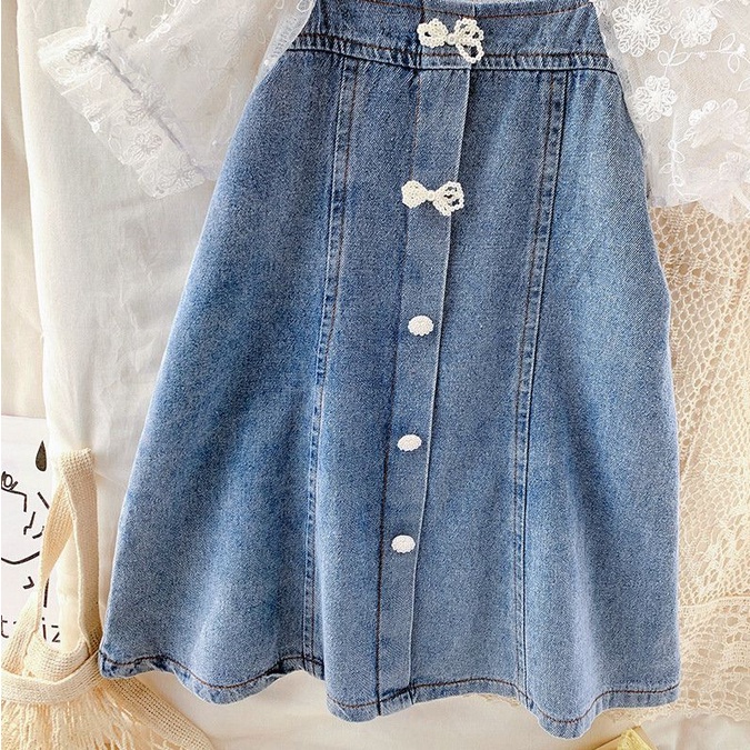 DR134-Dress Anak Perempuan Jeans Sleeve Lace