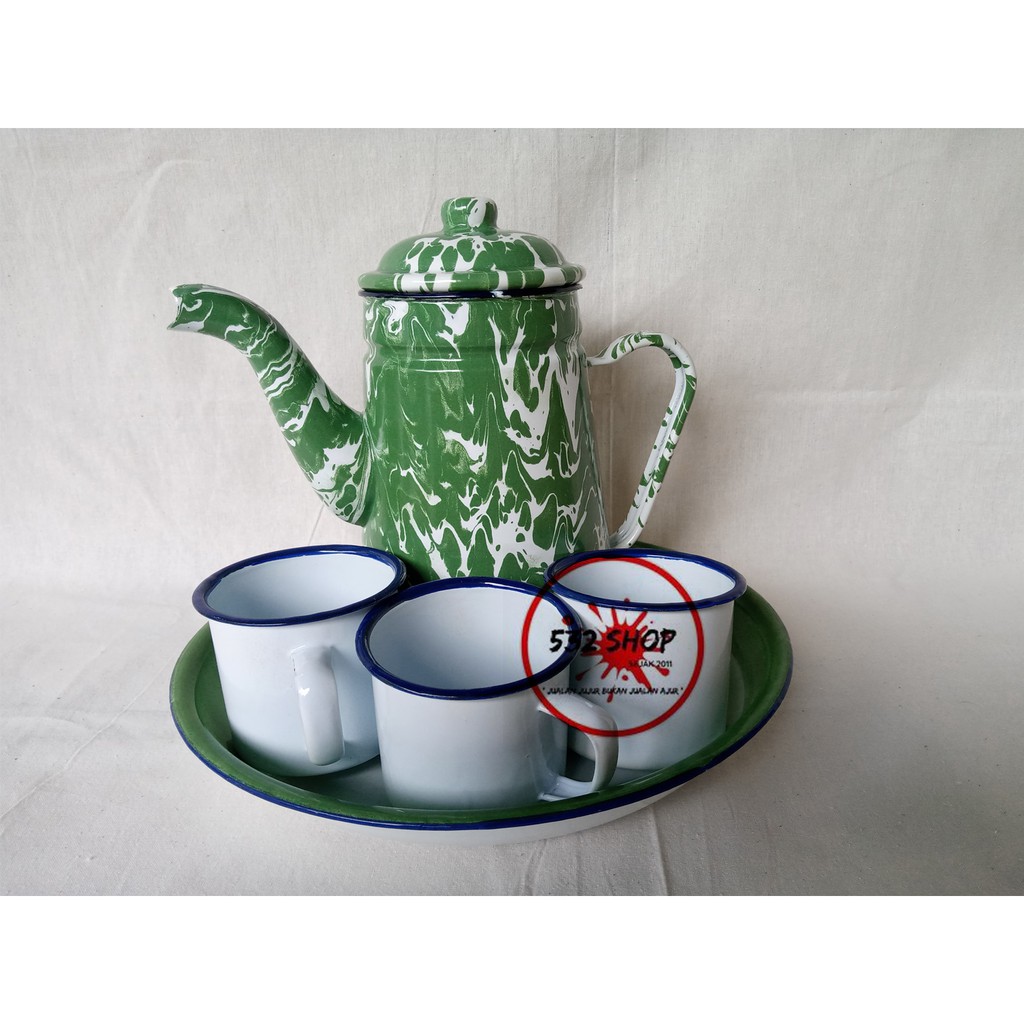 Cangkir Enamel Set Teko Blirik Besar + nampan enamel 25cm