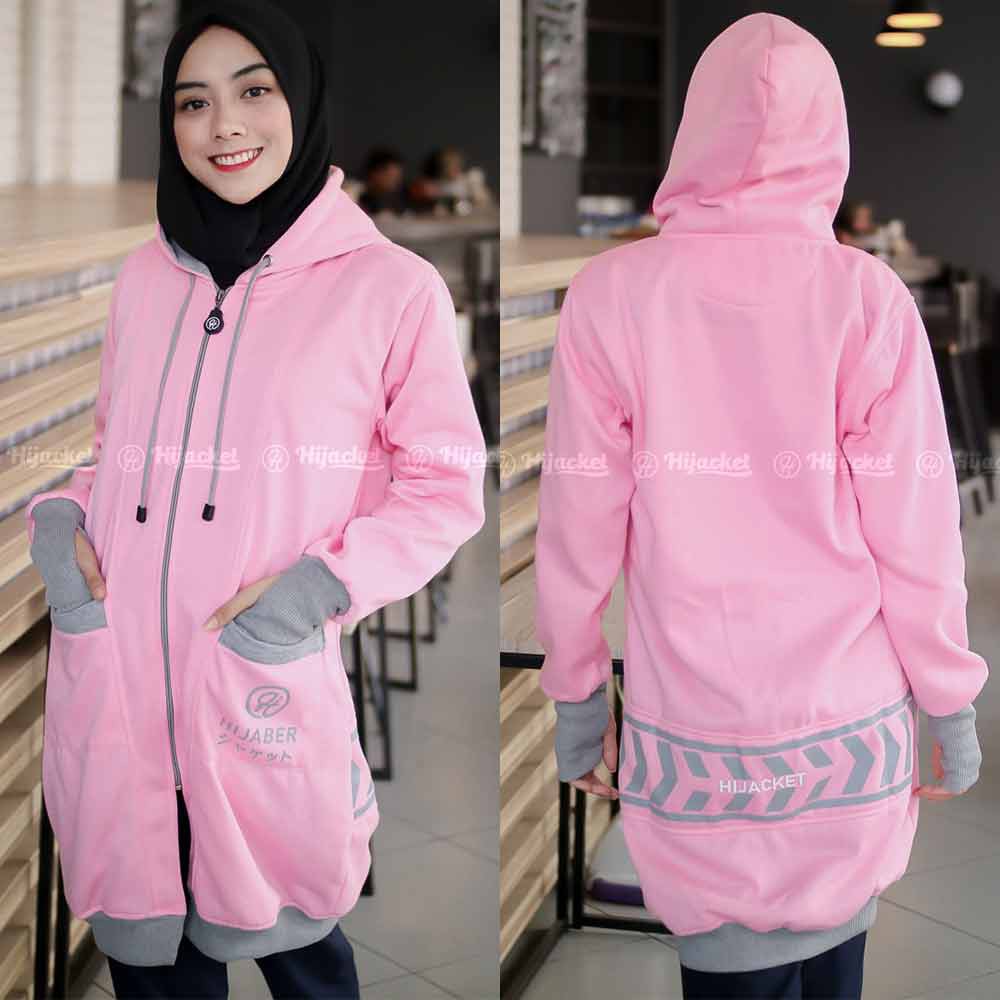 Jaket Jacket Hoodie Panjang Muslimah Wanita Cewek Jeket Hijaber Kekinian Abu Tua Pink Hijacket YK-6