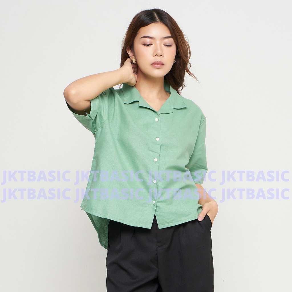 Kemeja Wanita Linen Lengan Pendek Hijau Sage Green Oversize Open Collar Shirt Short Sleeve