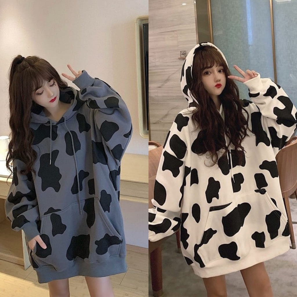 COW PULL PRINT HOODIE SWEATER WANITA OVERSIZE - SWEATER HOODIE WANITA KOREA - SWEATSHIRT OVERSIZE