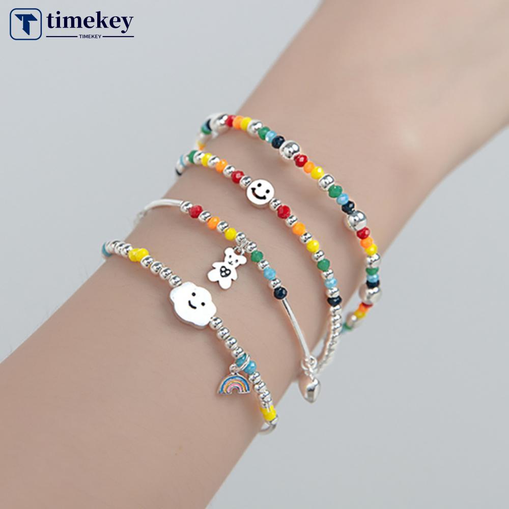 Timekey Gelang Manik Bola Nasi Warna Pelangi Pendan Beruang Gaya Boho Untuk Wanita B9O3