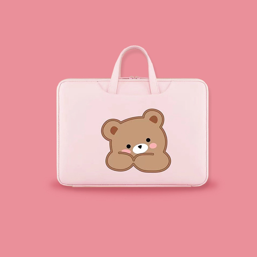 Sleeve Pouch Sarung Tas Bag Case Ipad Tab Tablet Macbook Air Pro Laptop Asus Acer Lenovo HP Huawei 11 12 13 14 15 inch Motif Gambar Bear Brown Beruang Warna Pink Coklat Lucu Cute Murah Korean Model Jinjing Tali Strap