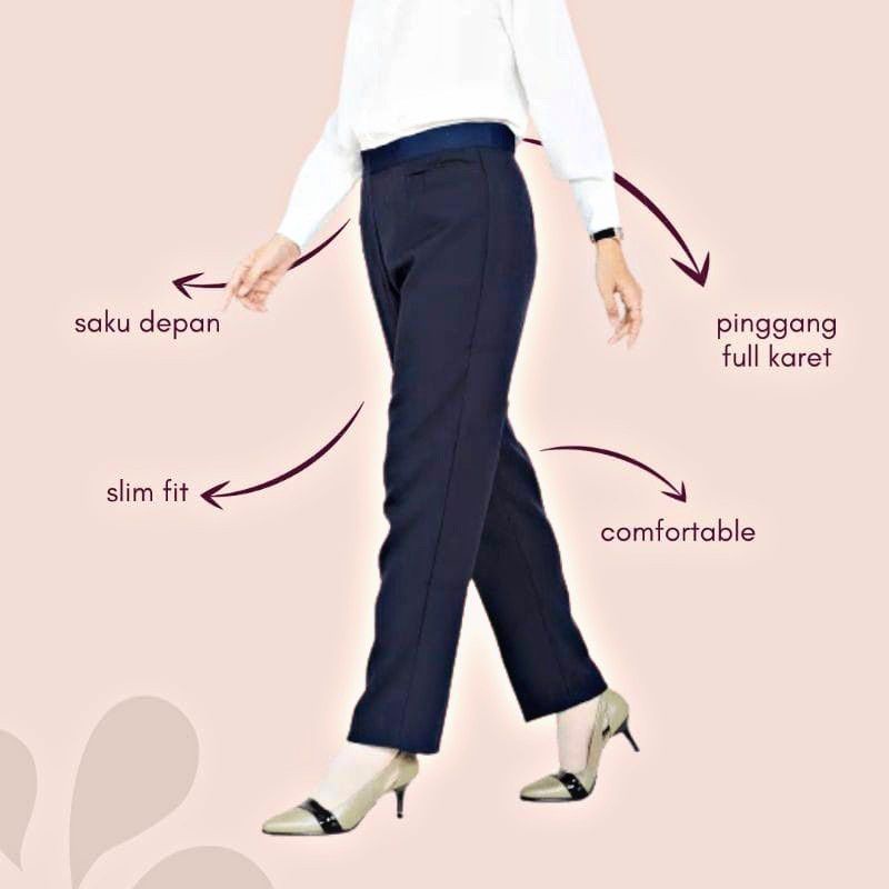 Celana Bahan Kerja Kantor Formal Wanita Pinggang Karet Highwaist Bahan Stretch Melar