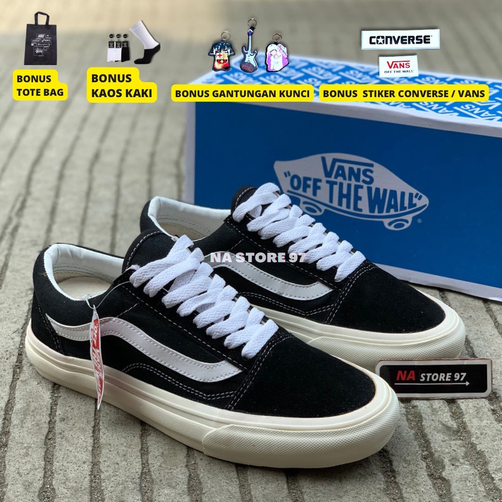 (GRATIS KAOS KAKI &amp; STIKER) Vans Oldskool OG Premium Quality Black White Sepatu Sekolah