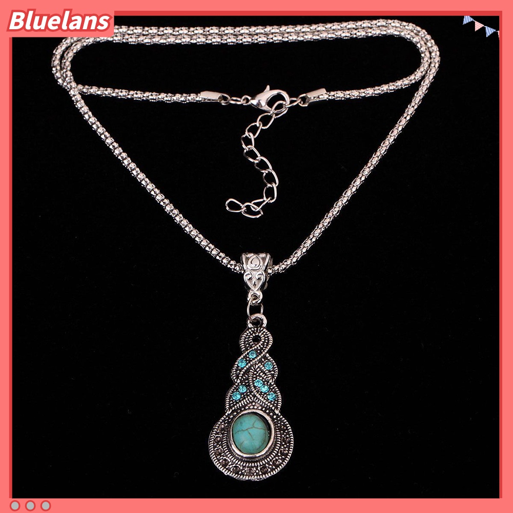 Set Perhiasan Kalung Anting Liontin Pirus Berlian Imitasi Gaya Retro Unik Untuk Wanita